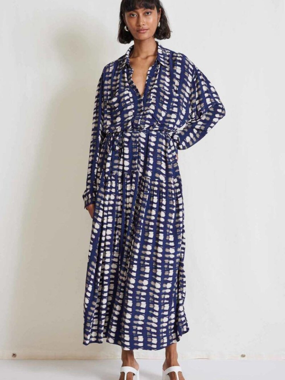 Apiece Apart Oro Maxi Dress Belted Size M Medium Blue Shibori